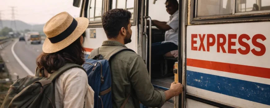 Indian travelers boarding a budget bus, highway travel