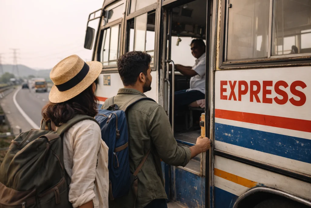 Indian travelers boarding a budget bus, highway travel