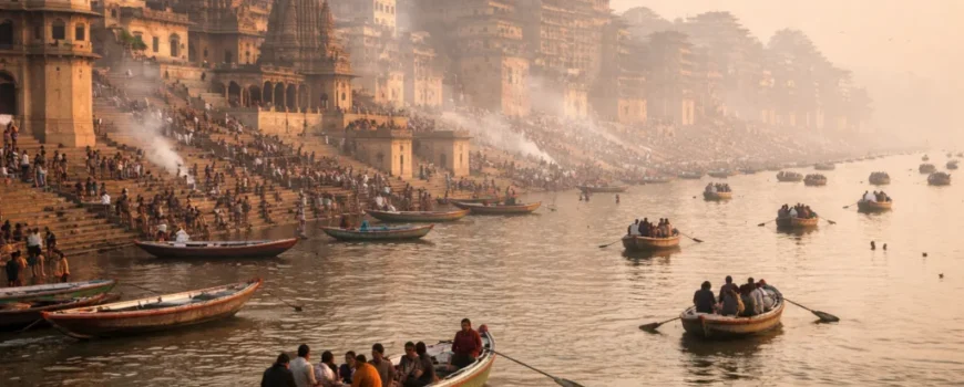 Varanasi ghats, river Ganga, morning light, boats