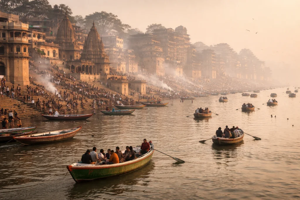 Varanasi ghats, river Ganga, morning light, boats