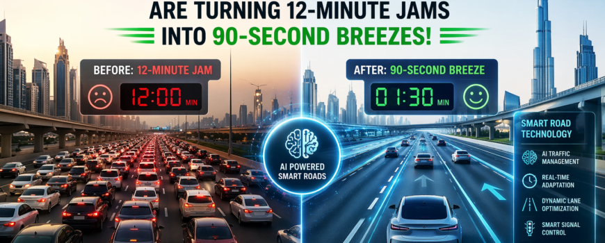 Futuristic smart road network in Dubai featuring AI-driven traffic management and modern infrastructure.
