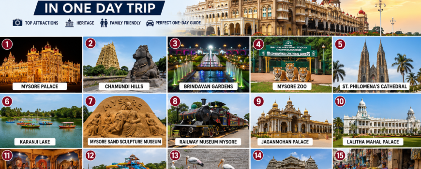 Travel infographic showing 15 best places to visit in Mysore in one day including Mysore Palace, Chamundi Hills, Brindavan Gardens, Mysore Zoo, St. Philomena’s Cathedral, Karanji Lake, Railway Museum, Lalitha Mahal Palace, Ranganathittu Bird Sanctuary, and Devaraja Market in Karnataka, India.