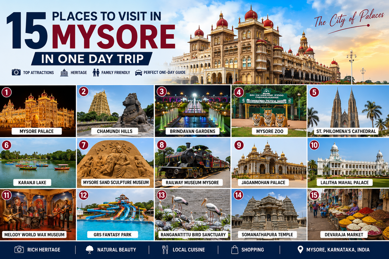 Travel infographic showing 15 best places to visit in Mysore in one day including Mysore Palace, Chamundi Hills, Brindavan Gardens, Mysore Zoo, St. Philomena’s Cathedral, Karanji Lake, Railway Museum, Lalitha Mahal Palace, Ranganathittu Bird Sanctuary, and Devaraja Market in Karnataka, India.