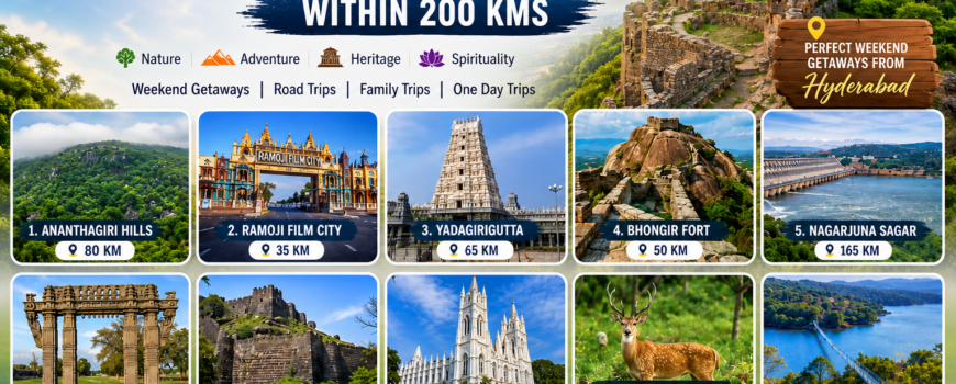50 Best Tourist Places Near Hyderabad Within 200 Kms travel infographic featuring Ananthagiri Hills, Ramoji Film City, Yadagirigutta, Bhongir Fort, Nagarjuna Sagar, Warangal, Medak Fort, and Laknavaram Lake