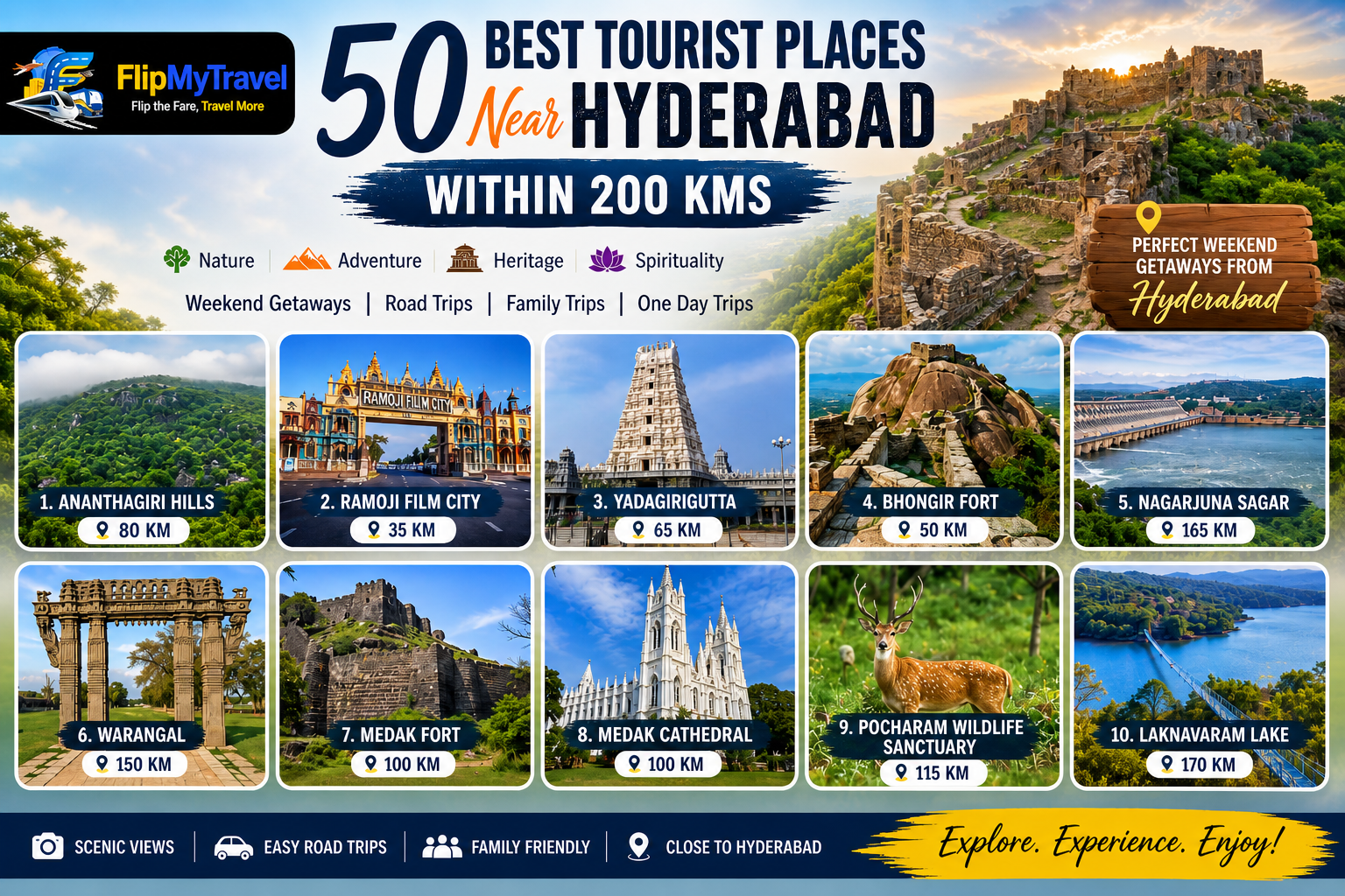 50 Best Tourist Places Near Hyderabad Within 200 Kms travel infographic featuring Ananthagiri Hills, Ramoji Film City, Yadagirigutta, Bhongir Fort, Nagarjuna Sagar, Warangal, Medak Fort, and Laknavaram Lake