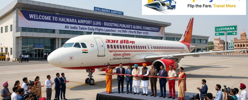 Air India flight at Halwara Airport Ludhiana for the inauguration of twice-daily flight services with FlipMyTravel logo.