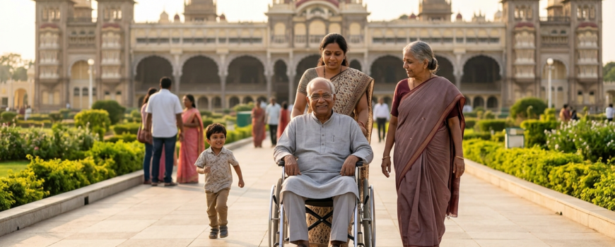A senior Indian family enjoying an accessible day trip to Mysore Palace from Bangalore, with a senior man in a wheelchair on a paved path.