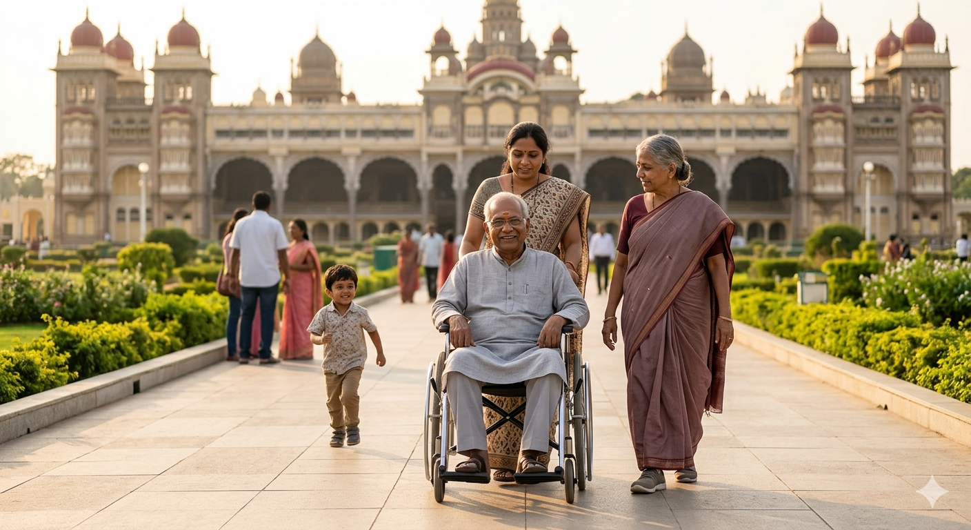 A senior Indian family enjoying an accessible day trip to Mysore Palace from Bangalore, with a senior man in a wheelchair on a paved path.
