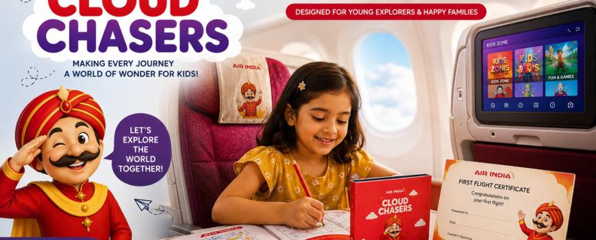 Air India Cloud Chasers programme for kids featuring family-friendly inflight entertainment, activity kits, First Flight Certificates, and fun travel experiences for children.