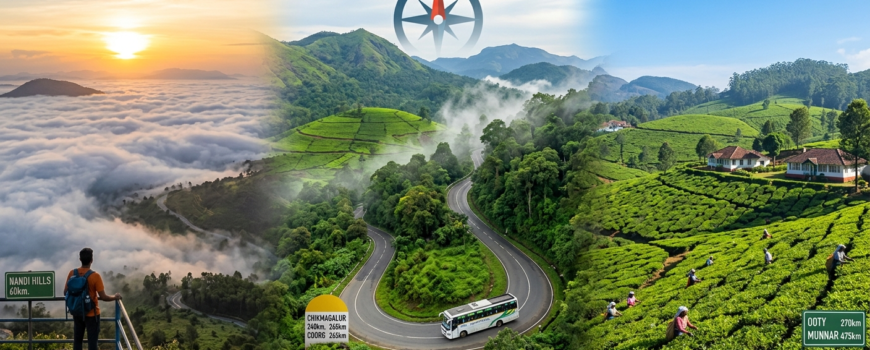 Collaged view of hill stations near Bangalore featuring Nandi Hills sunrise, Western Ghats bus route, and tea plantations in Ooty.