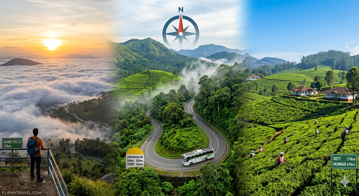 Collaged view of hill stations near Bangalore featuring Nandi Hills sunrise, Western Ghats bus route, and tea plantations in Ooty.