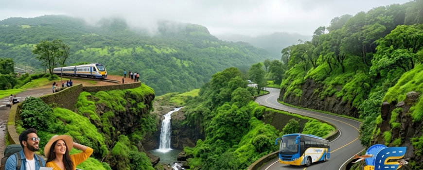 Panoramic view of the Lonavala ghat near Pune for a scenic one day trip, featuring the FlipMyTravel bus on the winding road.