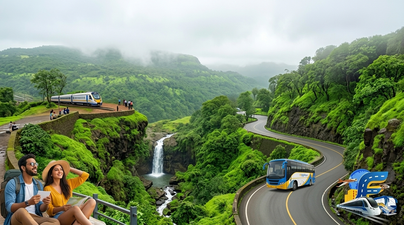 Panoramic view of the Lonavala ghat near Pune for a scenic one day trip, featuring the FlipMyTravel bus on the winding road.