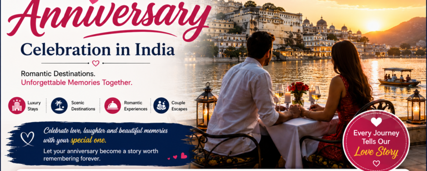 Romantic anniversary travel poster featuring a couple enjoying a candlelight dinner in Udaipur with FlipMyTravel branding and top anniversary destinations in India
