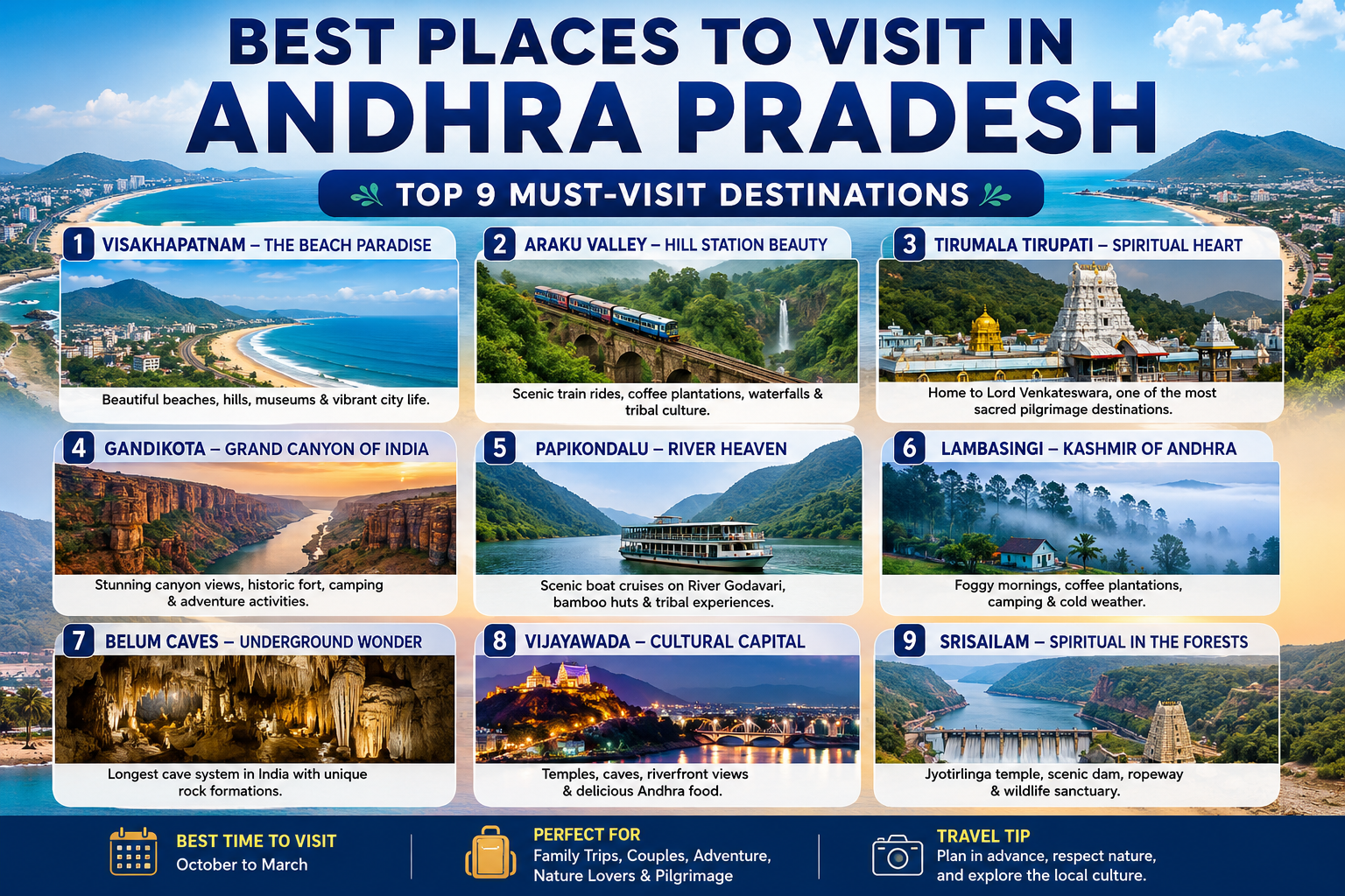 Best places to visit in Andhra Pradesh including Visakhapatnam, Araku Valley, Tirupati, Gandikota, Papikondalu, Lambasingi, Belum Caves, Vijayawada and Srisailam