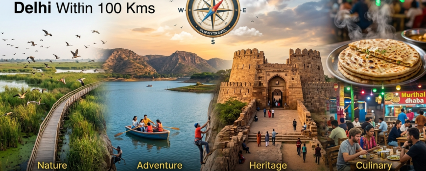 Collaged image of tourist attractions near Delhi within 100km featuring Sultanpur Bird Sanctuary, Damdama Lake, Tughlaqabad Fort, and Murthal dhabas.