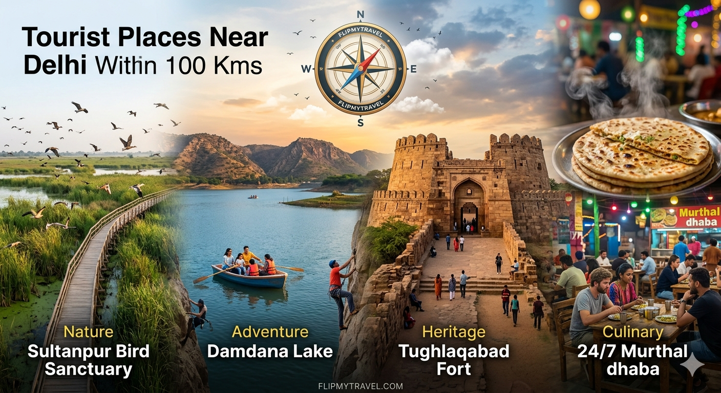 Collaged image of tourist attractions near Delhi within 100km featuring Sultanpur Bird Sanctuary, Damdama Lake, Tughlaqabad Fort, and Murthal dhabas.