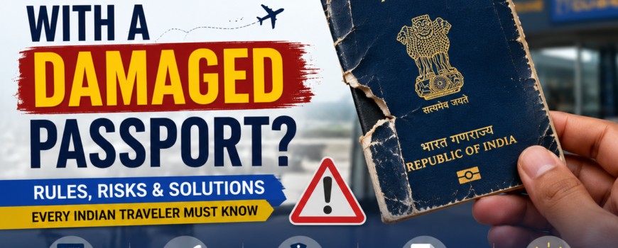 Can You Travel With a Damaged Passport guide image by FlipMyTravel showing torn Indian passport with airport background
