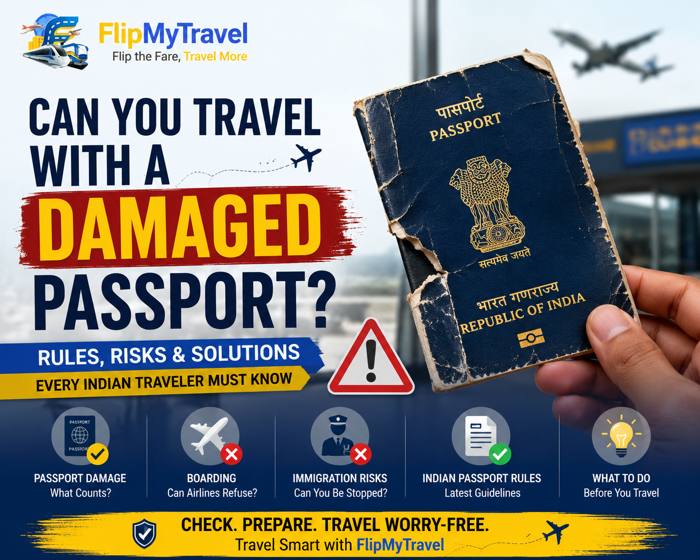 Can You Travel With a Damaged Passport guide image by FlipMyTravel showing torn Indian passport with airport background