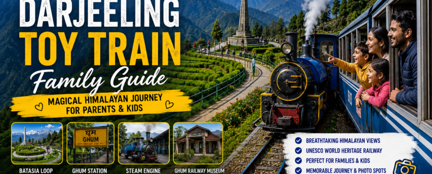 Darjeeling Toy Train family guide with Himalayan mountain views, steam engine, Batasia Loop, and FlipMyTravel branding