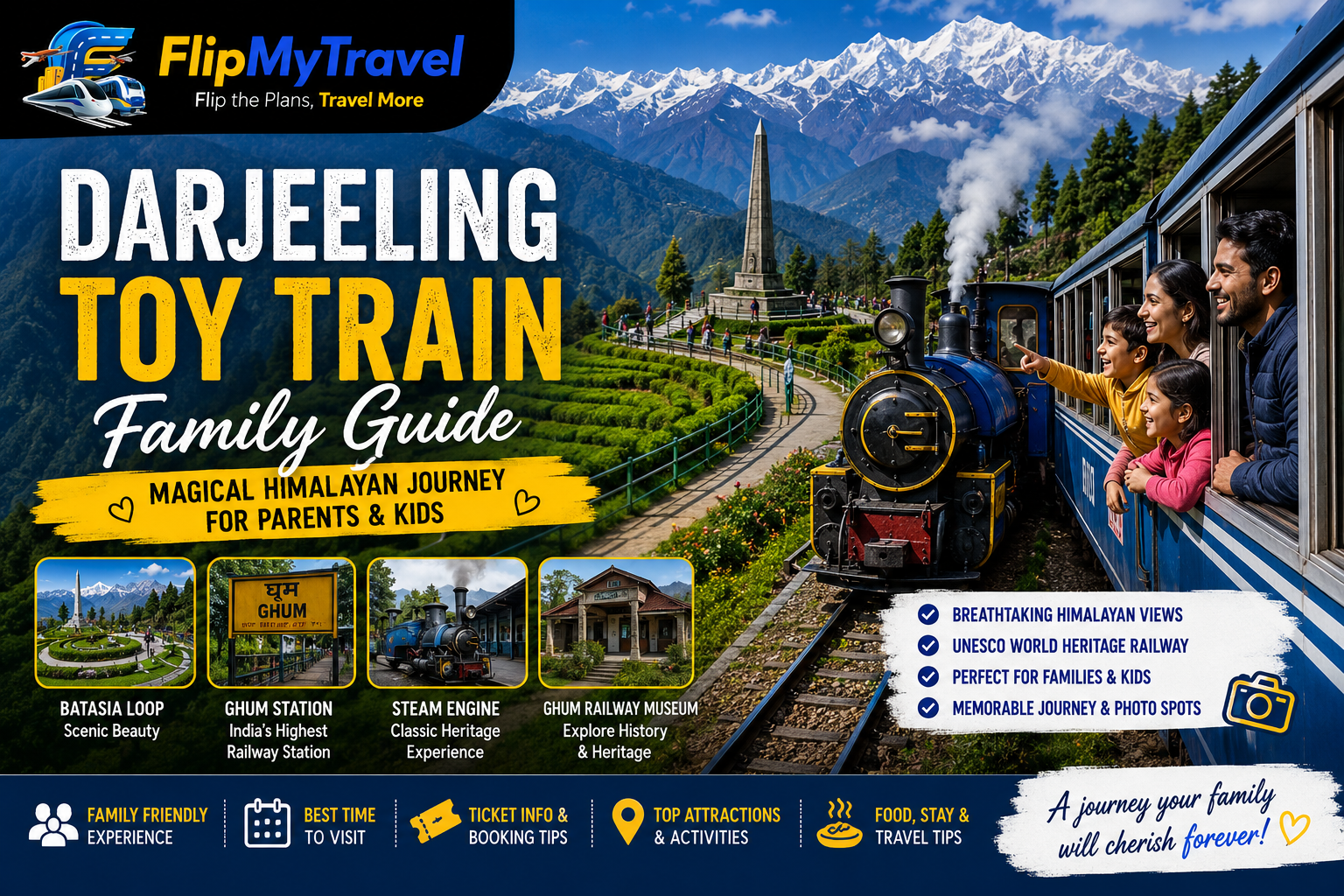 Darjeeling Toy Train family guide with Himalayan mountain views, steam engine, Batasia Loop, and FlipMyTravel branding