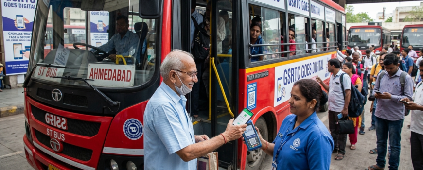 GSRTC bus conductor using a digital payment machine for a passenger in Gujarat, symbolizing 30 percent cashless revenue growth