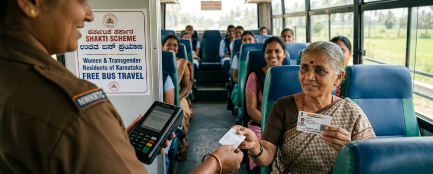 An elderly woman passenger presenting her valid Karnataka ID card to a smiling female bus conductor inside a moving KSRTC Sarige bus to receive her free Shakti Scheme zero-fare ticket. Other women commuters are visible in the background.