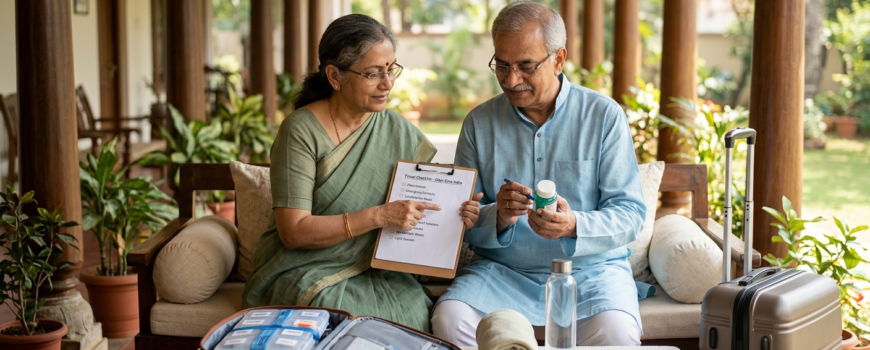 An elderly Indian couple in a traditional home setting, meticulously reviewing a travel checklist and organizing medications in a multi-compartment pill organizer.