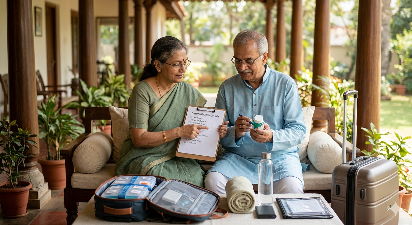 An elderly Indian couple in a traditional home setting, meticulously reviewing a travel checklist and organizing medications in a multi-compartment pill organizer.