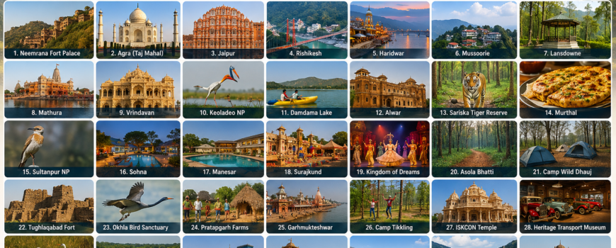 Top 50 Tourist Places Near Delhi Within 200 Kms travel guide featuring forts, hill stations, lakes, wildlife sanctuaries, spiritual destinations, and adventure getaways