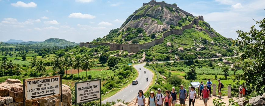 Group of tourists walking towards the historic Madhugiri Fort monolithic hill, a popular day trip destination near Bangalore within 100 kms, surrounded by lush green landscapes.