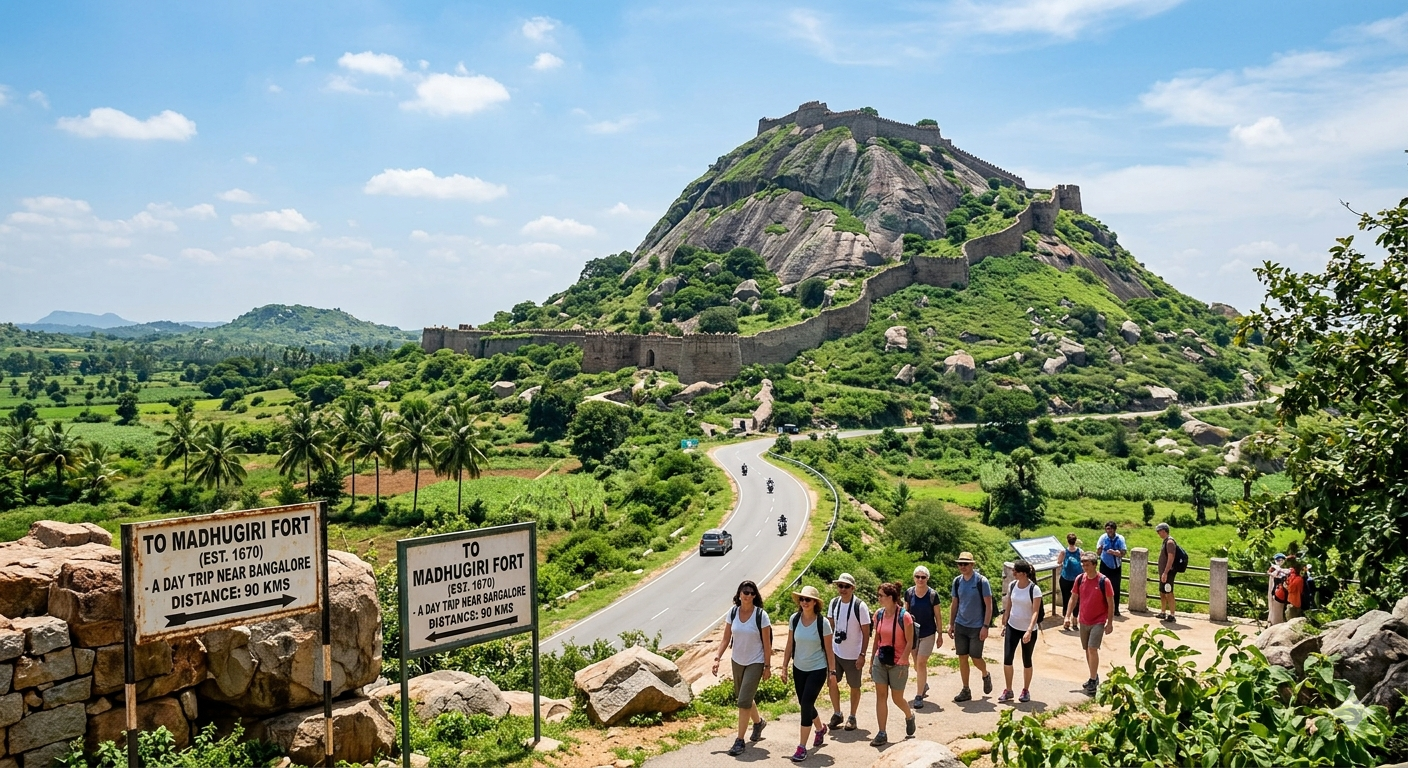 Group of tourists walking towards the historic Madhugiri Fort monolithic hill, a popular day trip destination near Bangalore within 100 kms, surrounded by lush green landscapes.