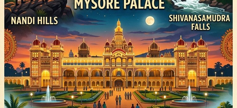 Collage of top tourist places near Bangalore within 200 kms featuring Mysore Palace, Shivanasamudra Falls, Nandi Hills sunrise, and a coracle ride.