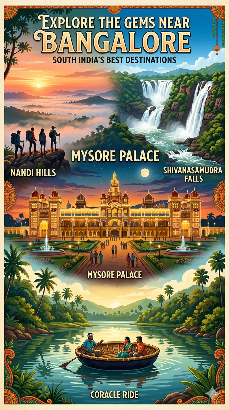 Collage of top tourist places near Bangalore within 200 kms featuring Mysore Palace, Shivanasamudra Falls, Nandi Hills sunrise, and a coracle ride.