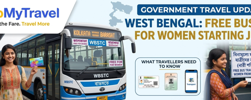 FlipMyTravel news banner announcing free state bus travel for women in West Bengal starting June 1, featuring state transport buses and required travel documents like Aadhaar and smart cards.